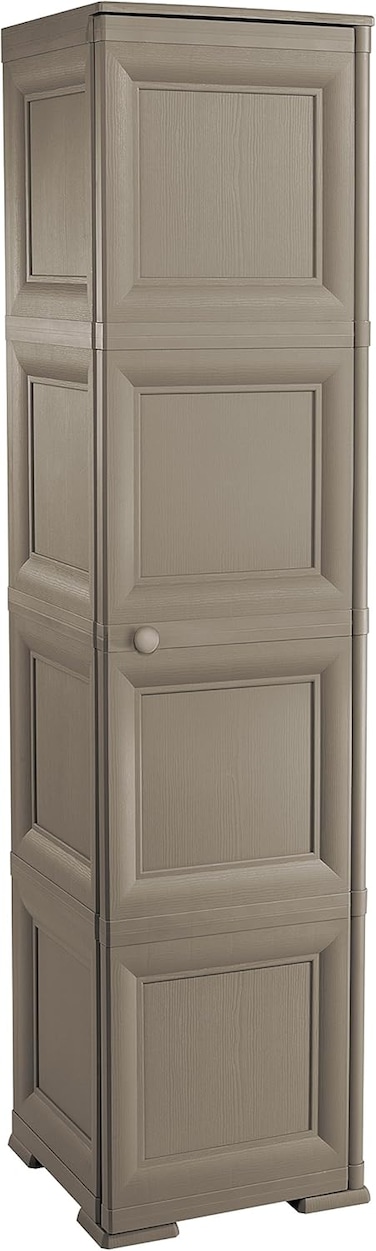 Tontarelli Omnimodus Column Cabinet with Full Door, 4-Compartment, Plastic Storage Cupboard for Indoor &amp; Outdoor Use, Weather &amp; UV Resistant, Wood-Effect Finish, Brown, TRL- 8085568909