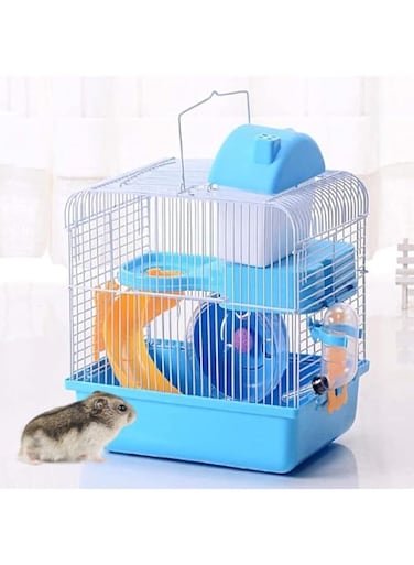 NeoStyle Small Hamster Cage, 2 Tier Small Portable Travel Cage with Carry Handle Exercise Wheel Water Bottle and Food Dish for Small Animal Habitat, 27 * 21 * 30cm (Blue)
