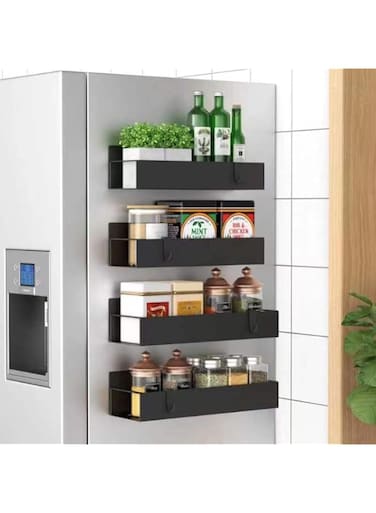 HuggieGems 4 Pack Magnetic Spice Storage Rack Organizer for Refrigerator and Oven, Black Fridge Organizers and Storage