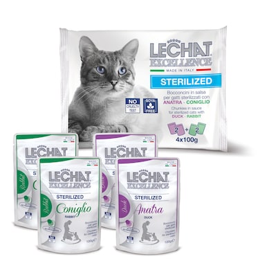 Lechat Excellence by Monge   Sterilised Cat Wet Food   Chunkies in Pouch   Super Premium Complementary Wet Cat Food   Flow Pack Duck &amp; Rabbit - 4x100g