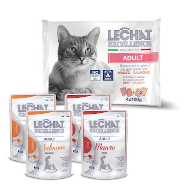 Lechat Excellence by Monge   Cat Wet Food   Chunkies in Pouch   Super Premium Complementary Wet Cat Food   Flow Pack Beef &amp; Salmon - 4x100g