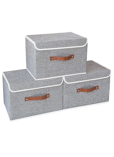 1 Set Storage Bins with Lids 3 Pack 38x25x25cm Grey Collapsible Storage Box with Handle for Organizing Toys Clothes Office