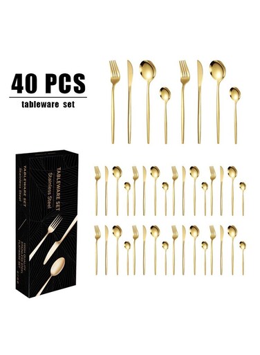 40-Piece Stainless Steel Knife Fork Spoon Full Set Silver for Home Office Restaurant Hotel Silver