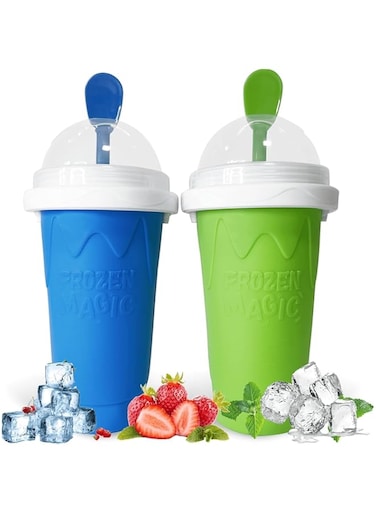 MAGA ZONE 2 Pcs Slushie Maker Cup Set - Magic Quick Frozen Smoothies Cup, Double Layer Squeeze Cup for Homemade Milk Shakes &amp; Ice Cream (Blue &amp; Green)