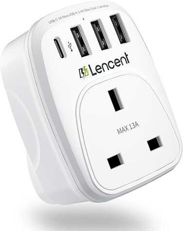 LENCENT USB Plug Charger UK with 1 Type C and 3 USB Ports, 1 Way Socket Extension, 5-in-1 USB Outlet Plug Extender for Household Appliances, iPhone, Smartphone Tablets, Ideal for Home Office Bedroom
