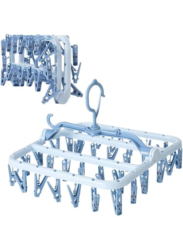 Foldable Laundry Drying Hanging Rack with 32 Clips, Clothes Drying Racks, Wind-Proof Hook, Underwear Hanger with Clips Plastic Laundry Clip for Socks Bras, Blue