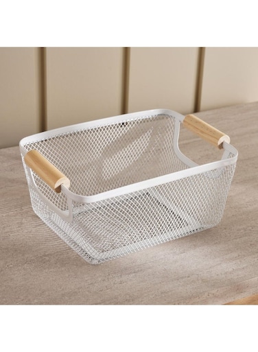 Home Rosie Storage Wire Basket with Wooden Handle 26x18x11cm - White