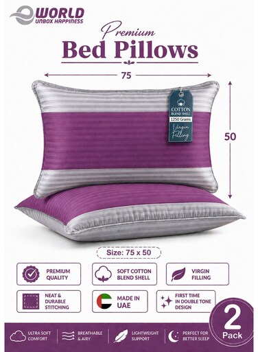 Pack of 2 Down Alternative Bed Pillows, 1250g Fill, Cotton Blend Cover, Hotel Quality, 50x75cm, Purple-Grey