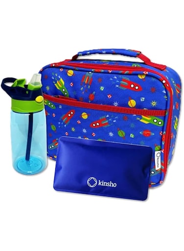 kinsho Lunch Box with Water Bottle and Ice Pack Set, Kids Lunch-Bag Set for Toddler Daycare or School, Boys Container for Lunches, Blue Space Rocket