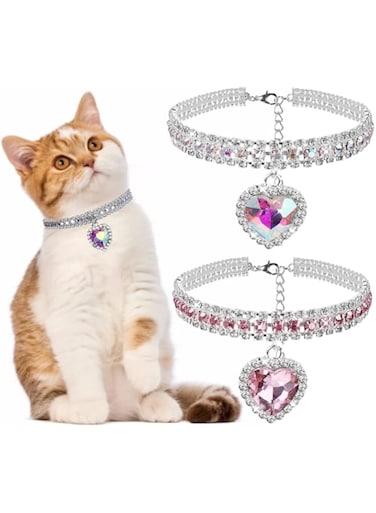 CHUNZHILAI 2 Pack Diamond Collar for Cat Bling Pet Dog Collar Fashion Crystal Diamond Adjustable Rhinestone Cat Necklace Cat Collars for Puppy Kitten (Heart,S)