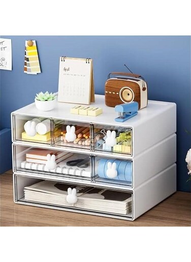 Durku Desk Organizer with 4 Drawers, Clear Plastic Desk Storage Box, Desktop Organization for Office Supplies, Gel Pens, Pencils, Markers, Tape, Erasers, Paperclips, Chargers