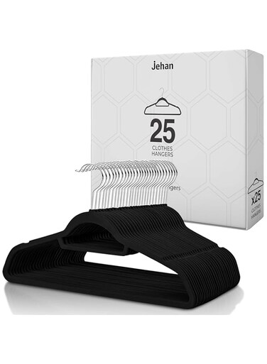 Jehan Non-Slip Velvet Hangers 25 Pack, Space Saving Clothes Hanger Set with 360 Degree Swivel Hook, Heavy Duty Hangers for Coats Jackets Pants Dresses, Black