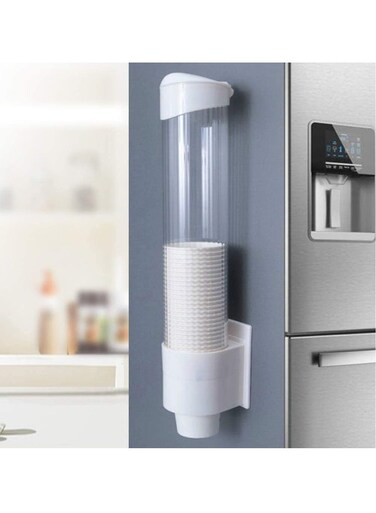 Anti Dust Disposable Plastic Paper Cups Dispenser, Storage Rack Holder Automatically Drop Cup Remover, Paste or Screw Plate Mountable, Mounting at Home Office Water Dispenser Cooler or Wall (White)