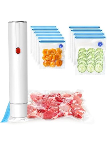 Angju Electric Vacuum Sealer for Food, Cordless Portable Handheld Food Vacuum Saver with 10 Pcs Reusable Food Sealer Bags, Vacuum Sealer Machine with Seal Clip &amp; Drainage for Food Preservation &amp; Fresh