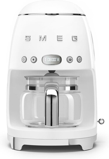 Smeg Filter Coffee Machine, White, 50&rsquo;s Retro Style, 10 Cup Capacity, Programmable Auto Start, Aroma Intensity &amp; Keep Warm
