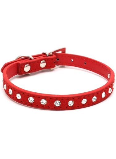 Dogs Kingdom 10 "-16.5" Total Length Suede Skin Jeweled Rhinestones Pet Dog Collar Sparkly Crystal Diamonds Studded Leather Puppy Dog Cat Collar Red S