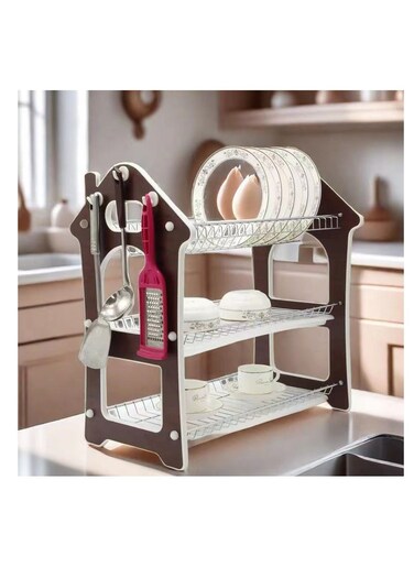 Dish Drying Rack, 3-Tier Metal Dish Drying Stand with Drainboard, Large Dish Strainer with Utensil Holder Hooks for Kitchen Countertop, Space Saving Bowls Plates Storage Shelf Organizer Over The Sink