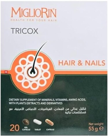 Migliorin Tricox For Hair &amp; Nails With 20 Gel Capsules, 20 Tablets &amp; 20 Capsule, 55G