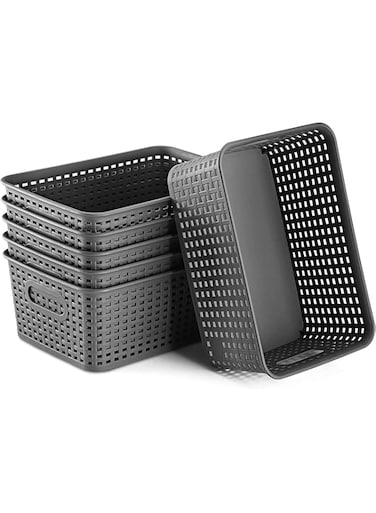 U-HOOME 6Pack Woven Plastic Storage Baskets,Small Pantry Organizer Basket Bins for Organizing,Plastic Baskets with Handles Storage Baskets for Home,Shelf Basket Organizer for Kitchens (Grey 6PCS)
