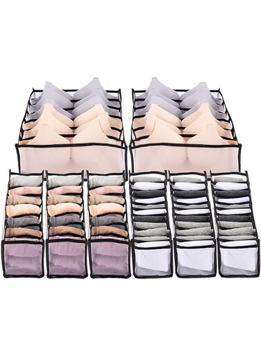 TERRIFI 8 Pack Sock Underwear Drawer Organizer Dividers, 6/7/11 Cell Foldable Fabric Dresser Closet Organizers and Storage Bins for Clothing, Baby Clothes, Bra, Panty, Scarf, Ties (Black)