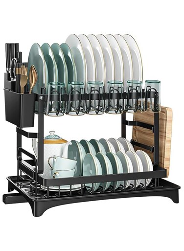 EETU 2 Tier Dish Drying Rack, Multifunctional Dish Rack,Collapsible Rustproof Kitchen Dish Drying Rack with Drainboard, Space-Saving Dish Drying Rack with Utensil Holder &amp; Cup Holder for Kitchen