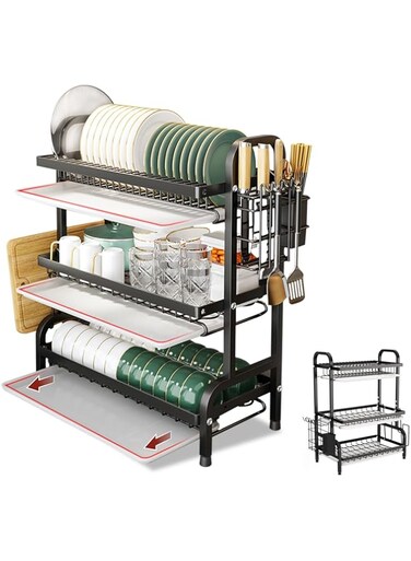 Dish Drying Rack With Stand For Kitchen 3 Tier Large Capacity Dish Rack With Utensil Holder Cutting Board &amp; Cups Holder With Cutlery Dish Drainer Rust Proof Board Tray For Kitchen Counter Storage