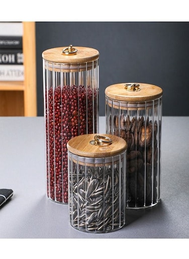 Set of 3 Glass Storage Jar With Ring Lid