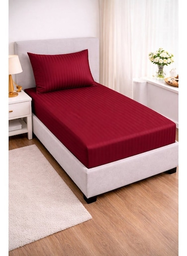 2-Piece Striped Microfiber Fitted Sheet Set Single 90x200cm &acirc;&euro;&ldquo; Soft Elastic Deep Pocket 17cm Bedsheet with 1 Pillowcase 50x70cm, Maroon Microfiber Maroon Single