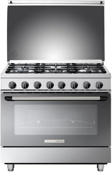 Technogas Superiore Gas Cooker &ndash; 90 x 60 cm Gas Burner Stove 115L Oven, 5 Full Safety Burners with Auto Ignition, Cast Iron Grids, Removable Glass Door &ndash; TCP396GG52KX &ndash; Made in Italy
