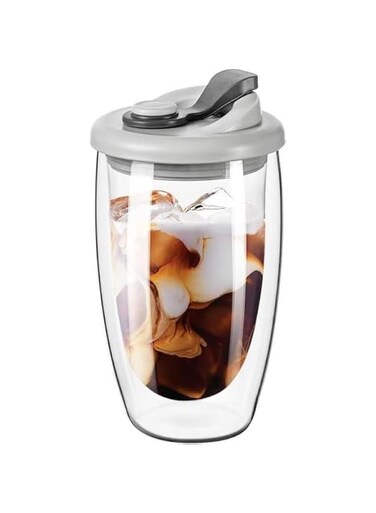 Double Wall Glass Coffee Mug, Glass Coffee Cup with Silicone Lid Insulated Coffee Mug, High Borosilicate Glass Double Walled Cup Portable &amp; Household (Grey) (15oz)