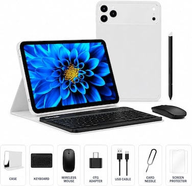 M48 Android 15 Tablet 10.1-Inch HD Display, 12GB RAM + 512GB ROM, 10000mAh Battery, Dual SIM, 8MP Front Camera, 20MP Rear Camera, Complete Productivity Bundle &ndash; Keyboard, Mouse, Stylus &amp; Case-Silver