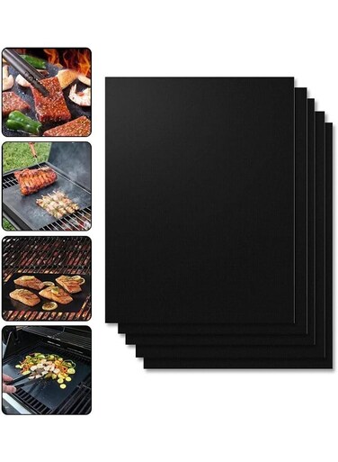 5 Pcs Grill Mat, 100% Non-Stick BBQ Grill Mats Baking Mats, PFOA Free, Heavy Duty, Resuable and Easy to Clean, Works on Gas Charcoal and Electric BBQ,24x34cm,Black