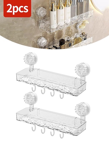2-Piece Suction Cup Shower Shelf &acirc;&euro;&ldquo; No Drill Wall-Mounted, Portable Detachable Storage Rack, Lightweight Acrylic Bathroom &amp; Kitchen Organizer with Hooks
