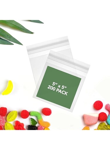 Azonee 200 Pcs Self-sealing Cellophane Bags, Clear Plastic Cello Bags 5x5 Inches Self-adhesive Cellophane Baggies for Snacks, Cookies, Candies, Treats, Pastries, Party Favors