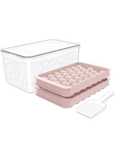 Ice Cube Tray for Freezer with Lid &amp; Bin, Round Ice Cube Mold with Container, Mini Circle Ice Cube Tray Making Sphere Ice Chilling Cocktail Tea Coffee (2 Trays 1 Ice Bucket &amp; Scoop) (Pink)