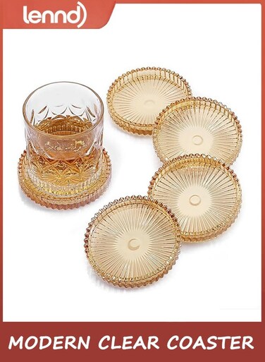 Modern Clear Coaster Set of 5- Glass Coasters for Drinks Crystal Coasters Round Cup Coasters Coffee Table Decor for Office, Kitchen, Bar, Dining Room, Living Room, Patio(Amber)