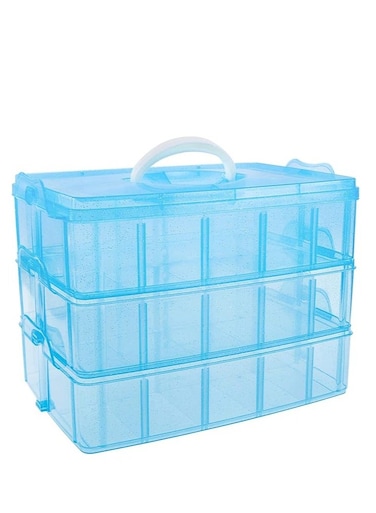 3-tier stackable storage container with 30 adjustable compartments, blue plastic craft storage box, divider with beads, toys, dolls, paper tape, nails, thread