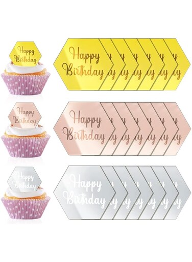 KASTWAVE Happy Birthday Cake Disc, 21Pcs Mini Acrylic Cupcake Toppers, Mirror Acrylic Cake Topper, Suitable for Birthday Party DIY Cupcake Decoration (Hexagon, 21)