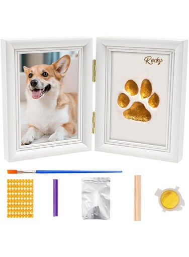 Avont Paw Print Kit with Picture Frame and Imprint Clay, Pawprints Impression Keepsake for Dogs Cats, Memorial Desk Display for Pets -White