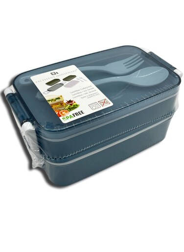 Lunch Box With Spoon and Fork 2 Compartment Blue 18x10x8cm