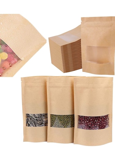 Kraft Paper Pouch, Reusable Grip Food Seal Bags, Zip Lock Stand Up Bags Pouches with Matte Window, Storage Packing Bag for Coffee Bean Tea Leaf and Snacks 50 Pack (8.6 * 5.5inch)