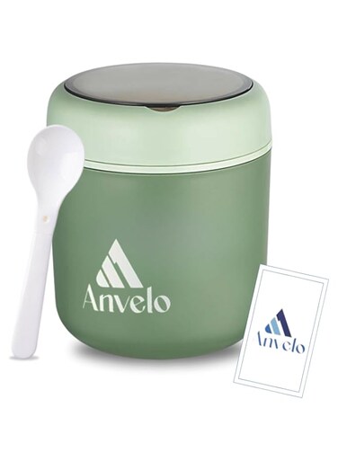 ANVELO 530ml Stainless Steel Insulated Soup Flask - Leakproof w/Detachable Spoon, Wide Mouth Stew Beaker for Hot/Cold Meals, Travel School Office - Lunch Box for Soup Porridge (Green - 10x11.8cm)