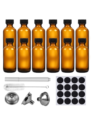 12Pack 2oz Amber Glass Bottles with Lids &ndash; Reusable Storage Containers for DIY, Kitchen, and Travel &ndash; Includes Funnels, Labels &amp; Cleaning Brush