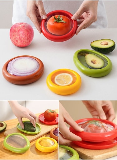 Set of 4 Silicone Fruit and Vegetable Storage Containers Fruit Crisper, Reusable Fresh Keeping Box for Fridge, Ideal for Tomatoes, Avocados, Onions, Lemons and Potatoes