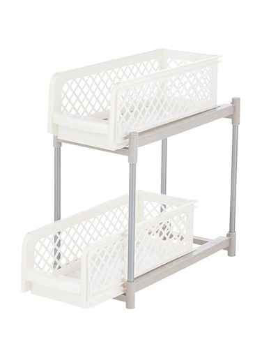 Under Sink Sliding Shelf 2-Tier White Kitchen Tool Storage Organizer Pull Out