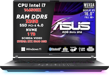 ASUS ROG STRIX G16 Gaming PC, Notebook Gaming I7-14650HX, 32GB DDR5 RAM, 1TB SSD, NVIDIA GEFORCE RTX 5060 (8GB GDDR7), 16&quot; FHD Display, LAPTOP GAMING WITH THUNDERBOLT 5, BT 5.4, RGB KEYBOARD, WIFI 7
