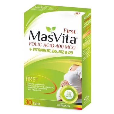 Masvita First Folic Acid 400 mcg With Vitamin B1, B6, B12 &amp; D3 Supplement Tablets, Pack of 30's