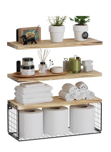 Bathroom Shelves Over Toilet with Storage Basket, Floating Bathroom Wall Shelves for Home Organization &amp; Wall Decor, Bathroom/Kitchen/Living Room Shelves,Natural Wood (Natural Wood)