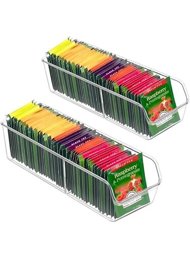 Durku Tea Bag Organizer, 2 Pack Tea Bag Storage Holder Tea Box, Clear Tea Packet Plastic Drawer, Sugar Packet, Coffee, Condiment, Tea Spice Bag Holder for Kitchen Cabinet, Countertop, Fridge