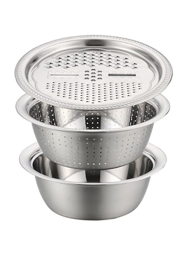 Dubai Gallery 3-In-1 Stainless Steel Grater Basin Drain Basket Washing Bowl Set Silver 29.00 * 11.00 * 29.00Cm